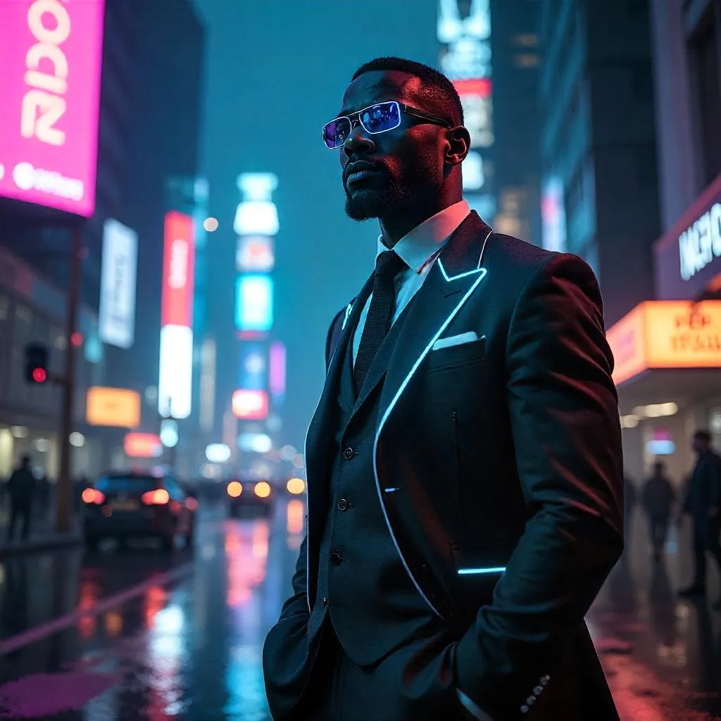 Cyberpunk Professional: Black Man in Neon City