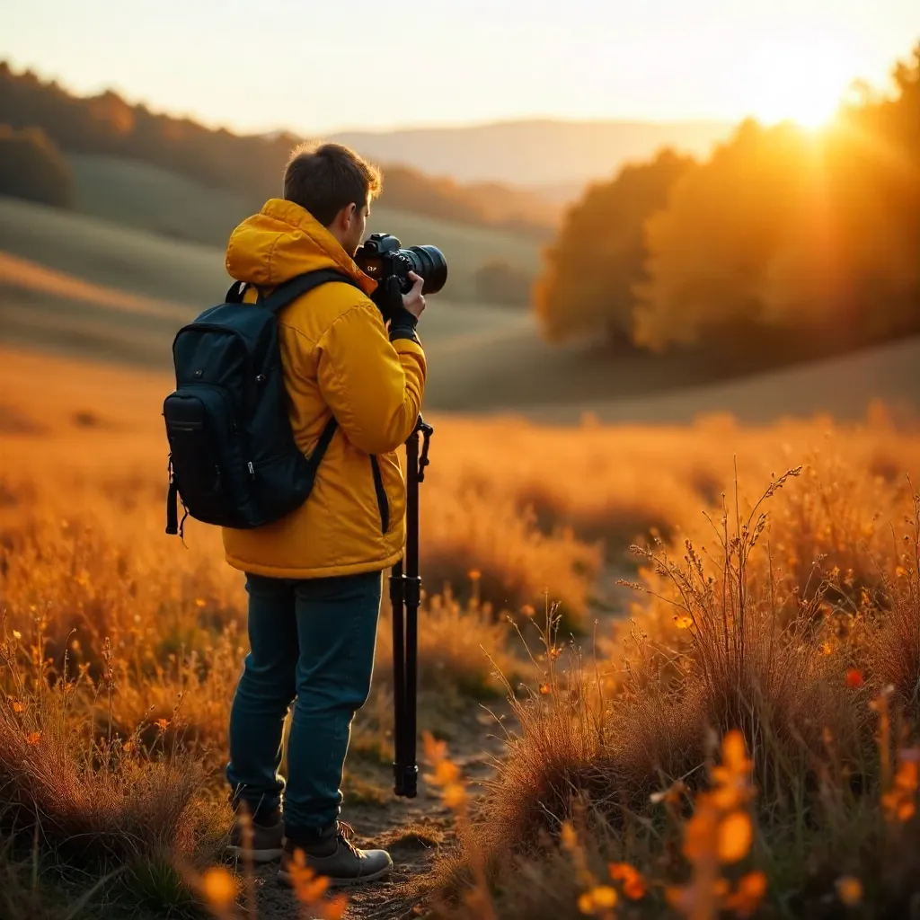 Golden Hour Photographer in a Yellow Jacket in an Autumn Field