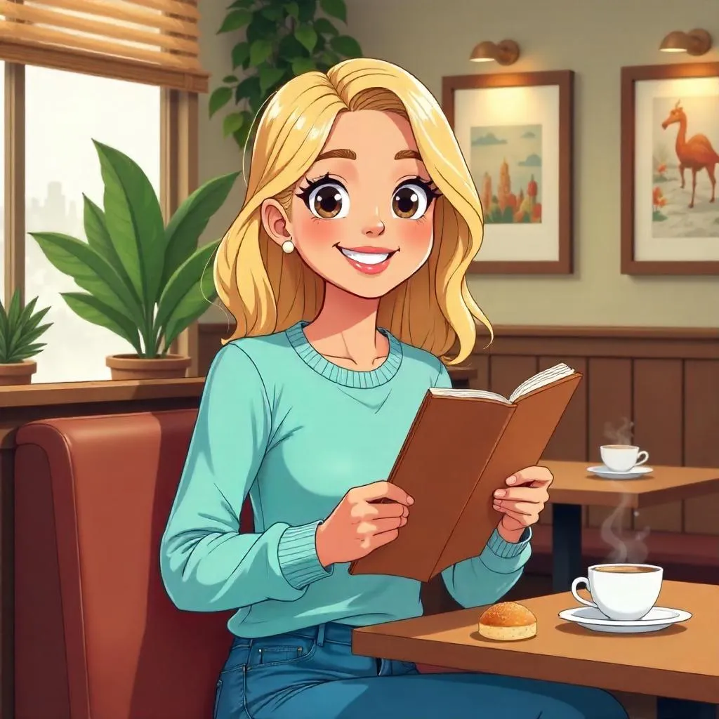 Cartoon-Style Young White Woman in a Cozy Restaurant