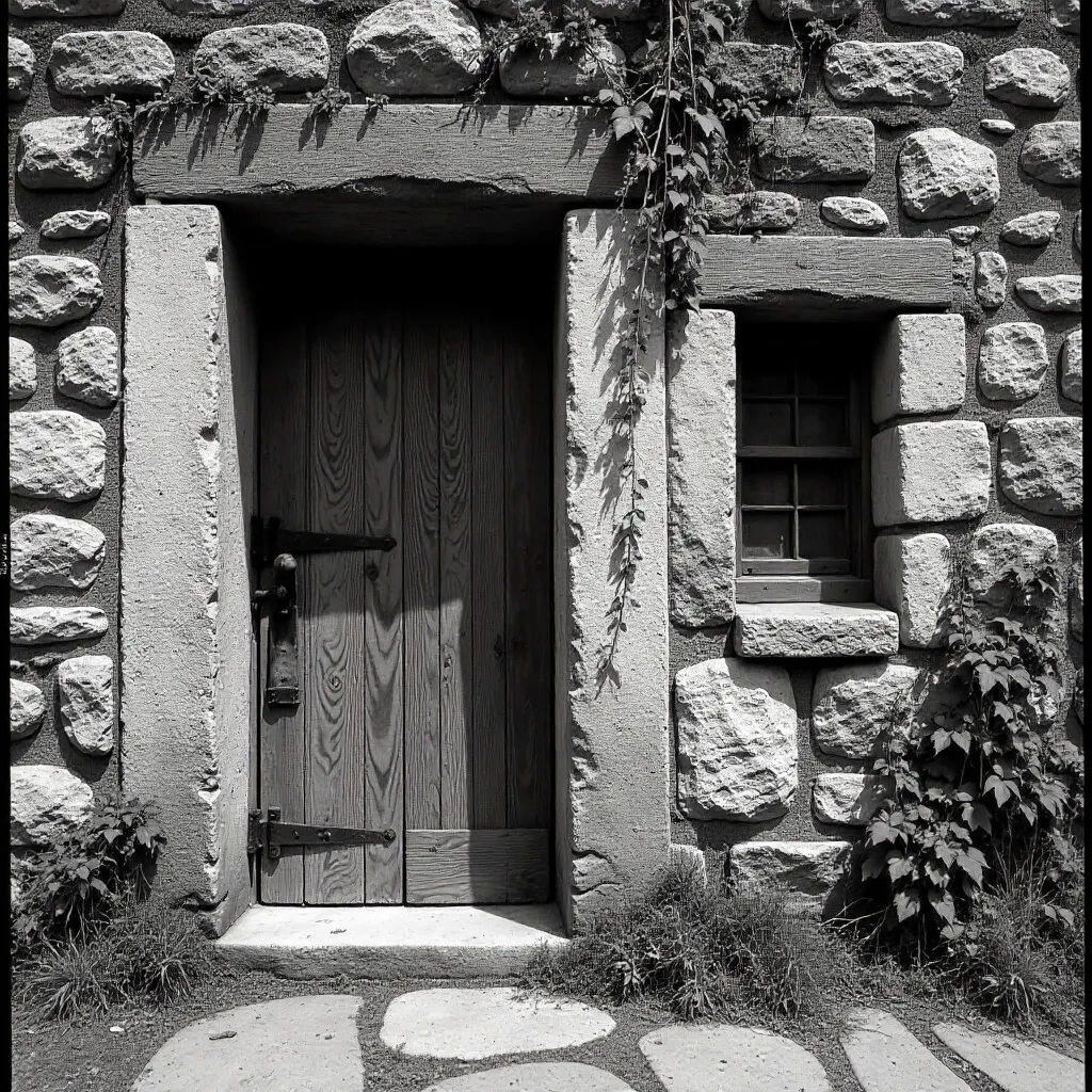 Vintage Rustic Stone Wall with Wood Door