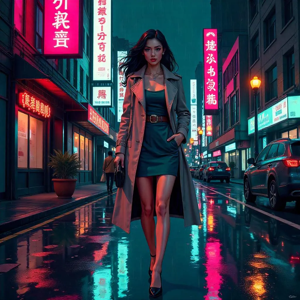 Elegant Asian Woman on a Neon City Street