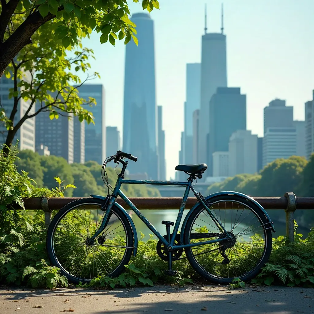 Solitary Bicycle Amid Urban Greenery and Skyscrapers