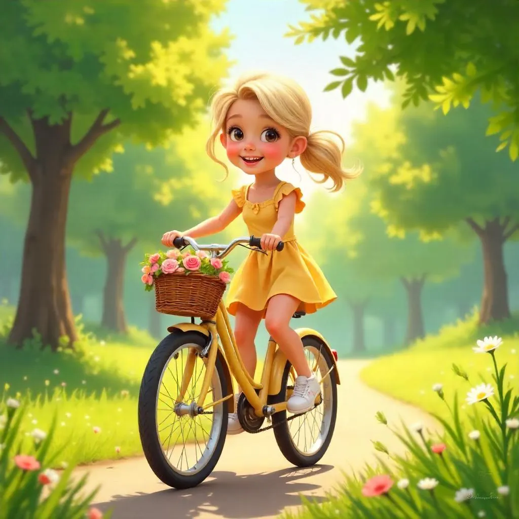 Cheerful White Girl on a Bicycle in Digital Art