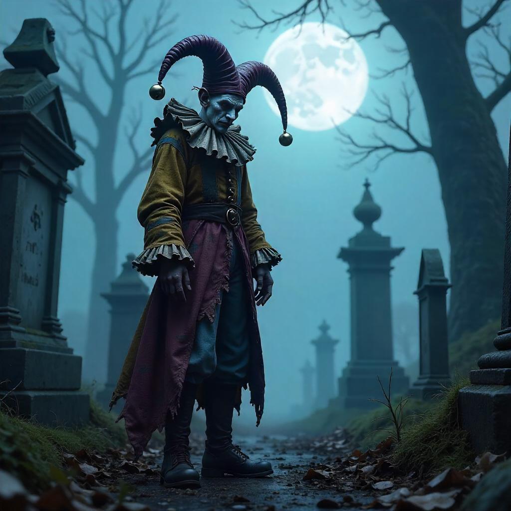 Moonlit Jester in a Foggy Graveyard 3D Render