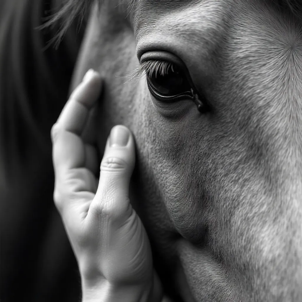 Close-Up Monochrome Hand Touching Horse Face