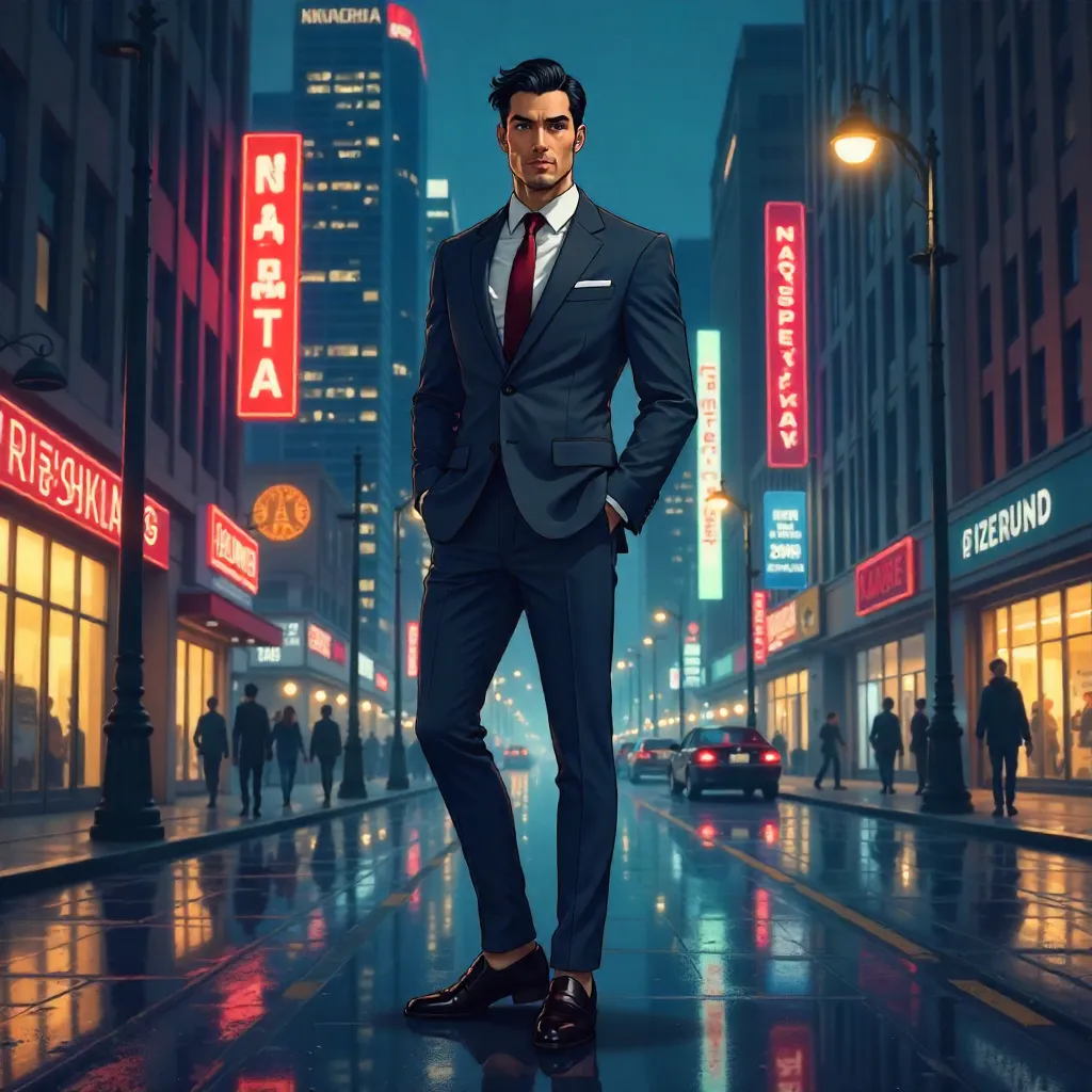 Elegant Latino Man in Anime Downtown Night