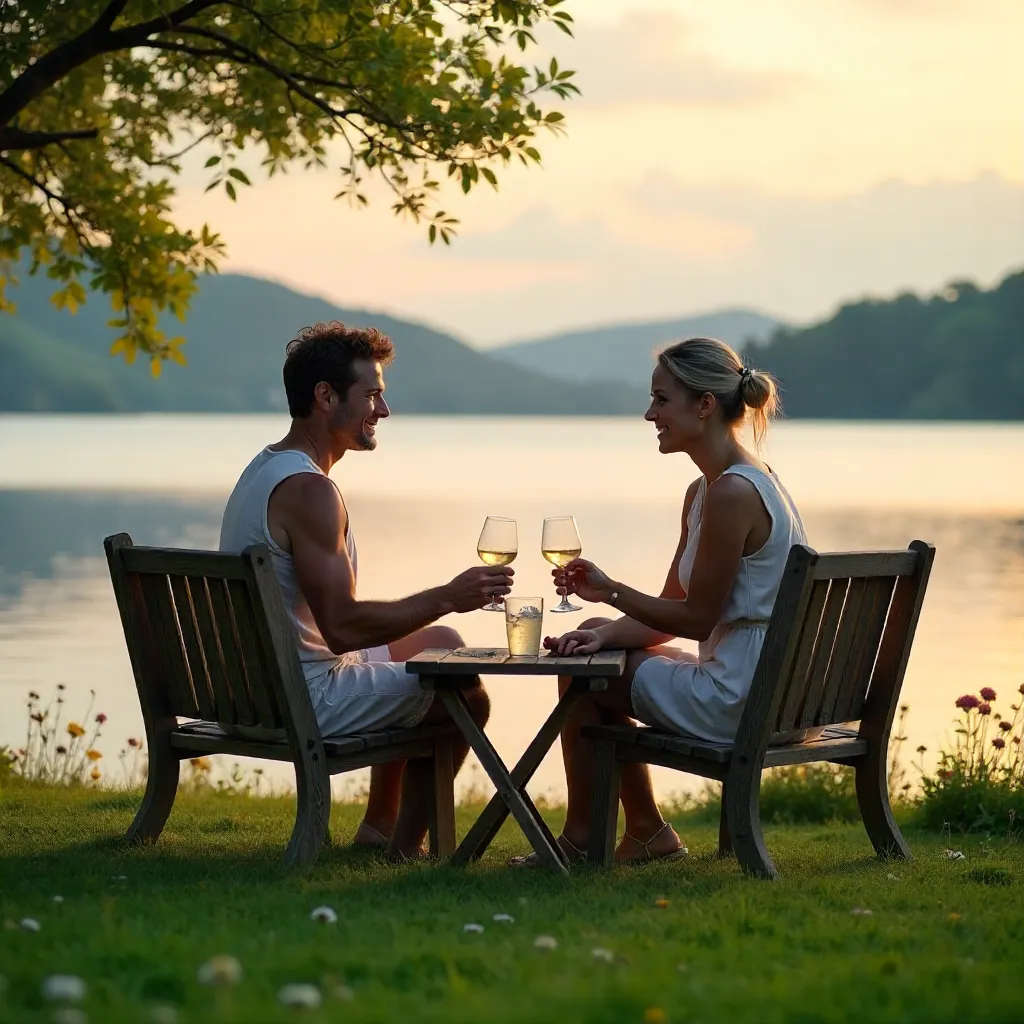 Peaceful Lakeside Conversation Over Drinks