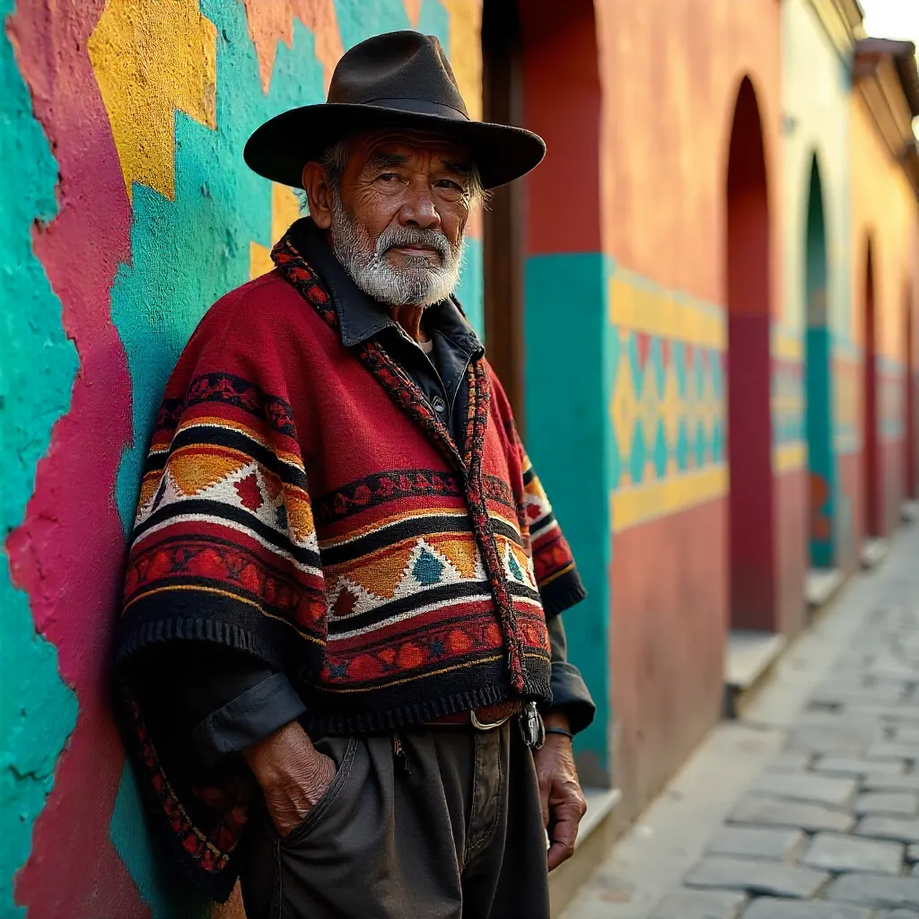 Elderly Peruvian Man by a Colorful Wall