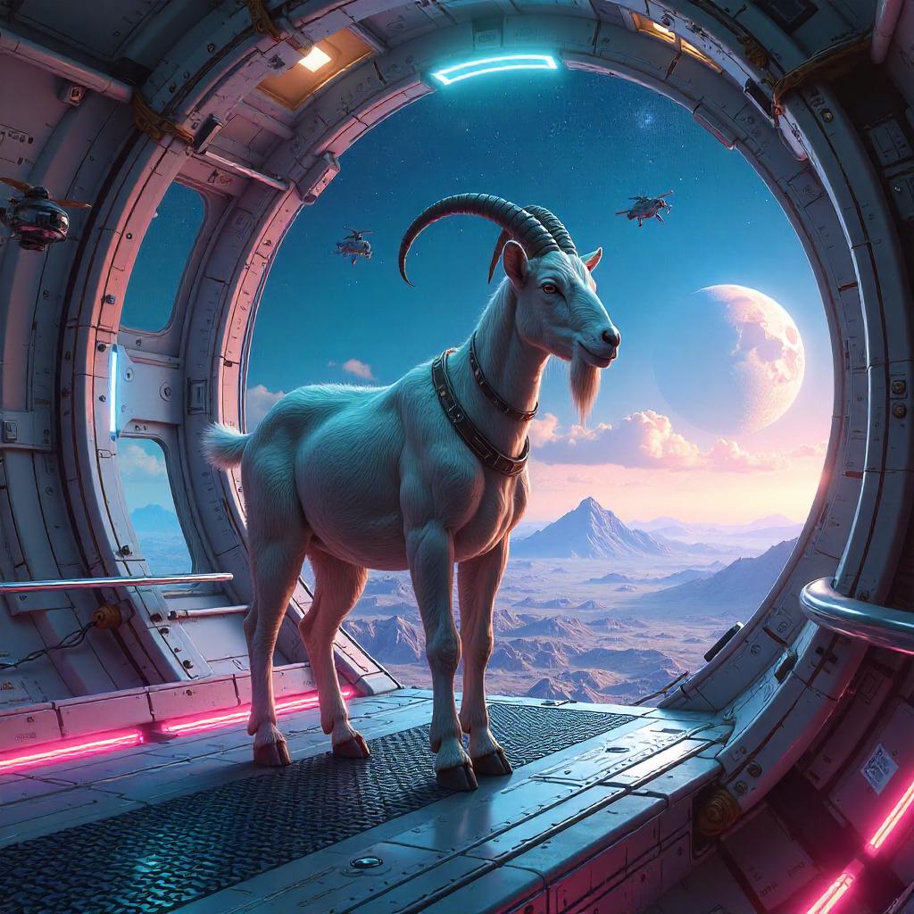 Cosmic Goat in a Neon Space Colony