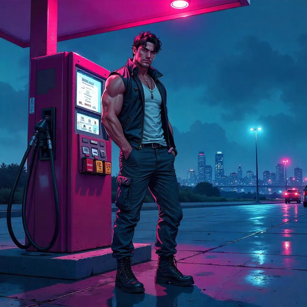 Neon Night Hero: Strong Asian Man at a Gas Station