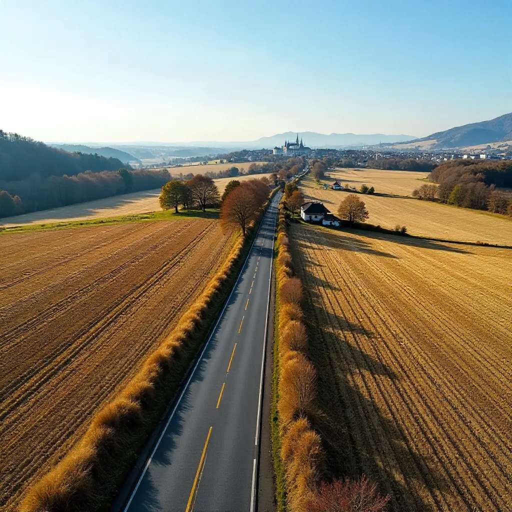 Aerial Road Across Brown Fields Near Graz