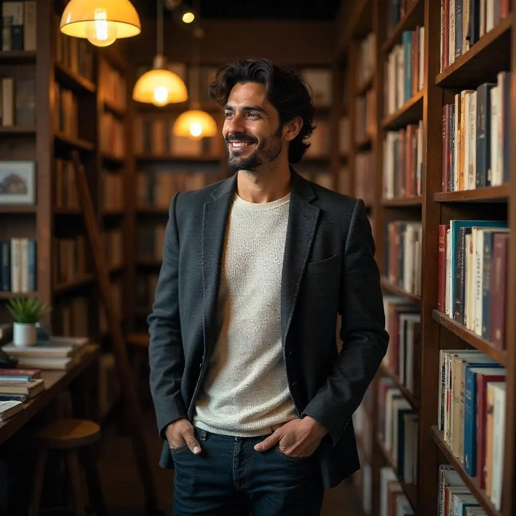 Handsome Latino Man in a Cozy Bookstore