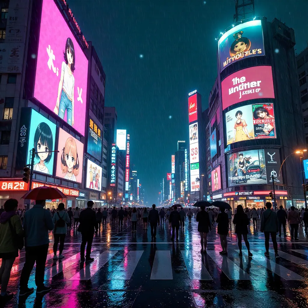 Neon Frenzy at Tokyo Crossing: Crowds and Billboards