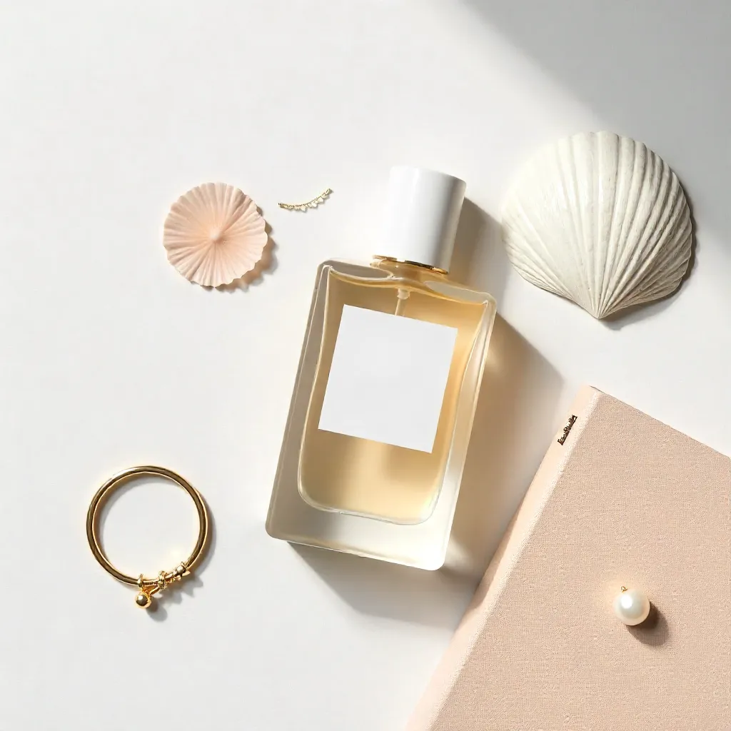 Flat lay: Perfume, shell, and minimalist accessories