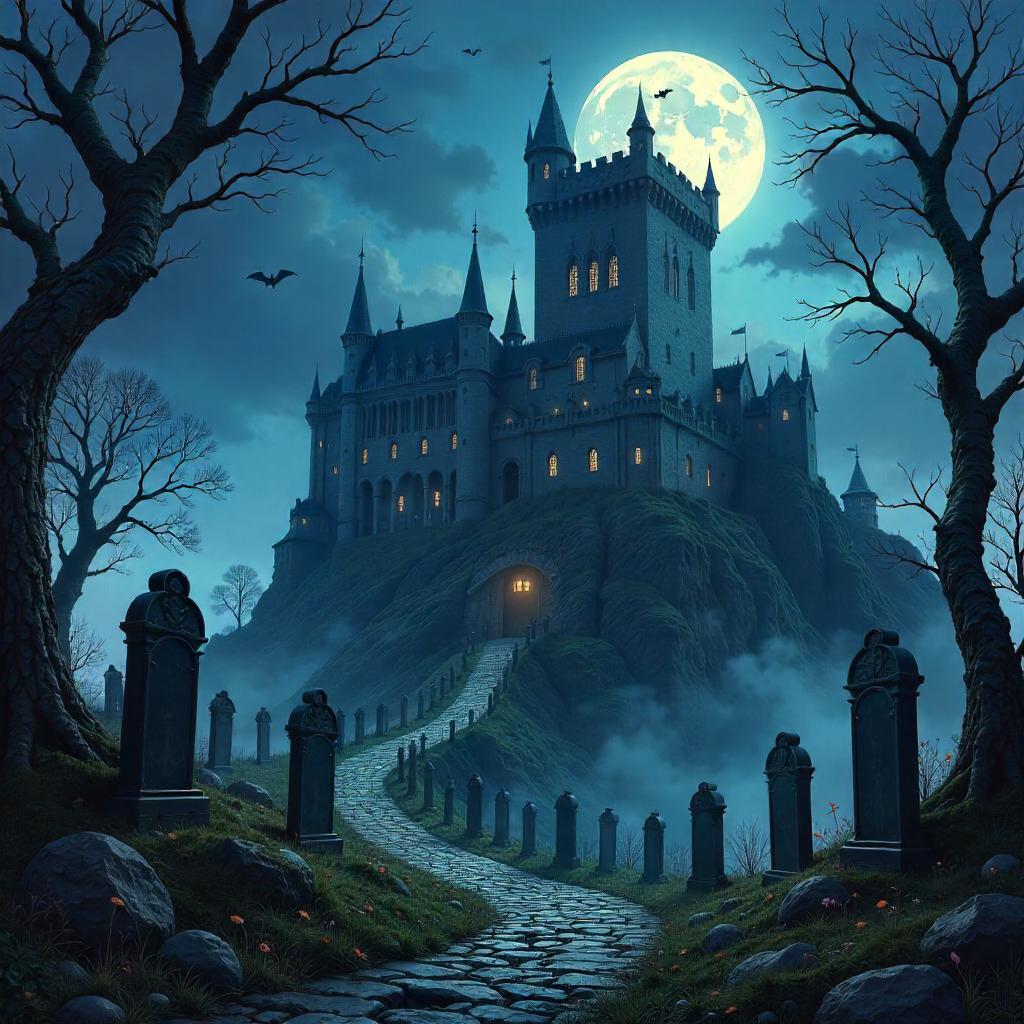 Moonlit Gothic Castle Over a Graveyard