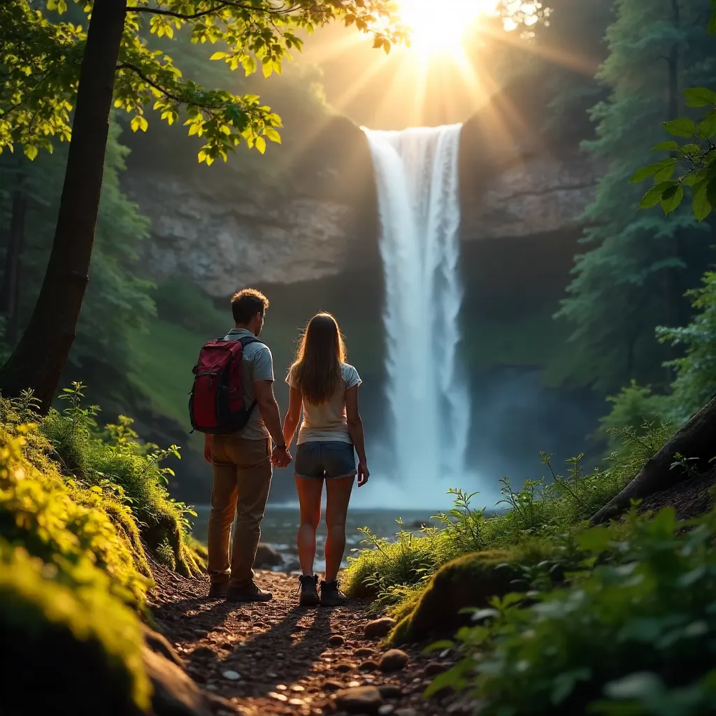 Holding Hands Before a Majestic Forest Waterfall