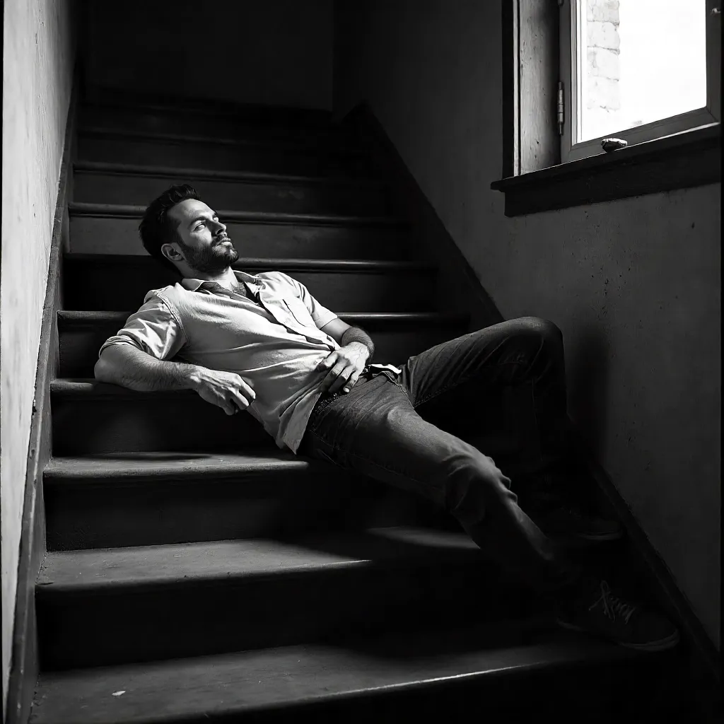 Moody Black-and-White Portrait on Wooden Stairs