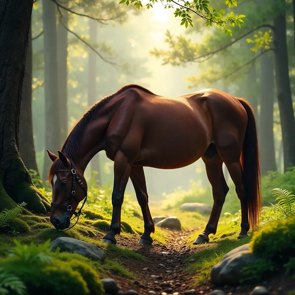 Brown Horse Grazing in a Serene Forest Clearing
