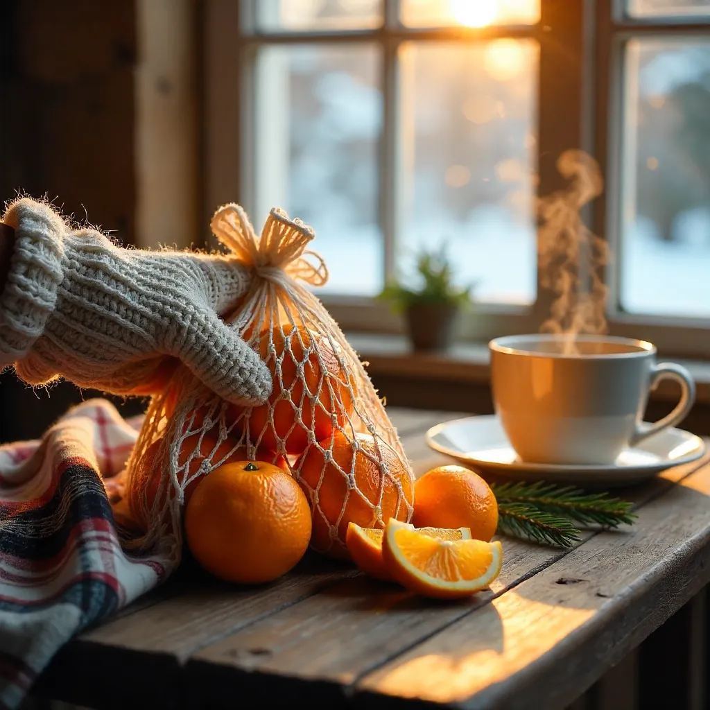 Warm Mittened Hand Placing Oranges in a Net Bag