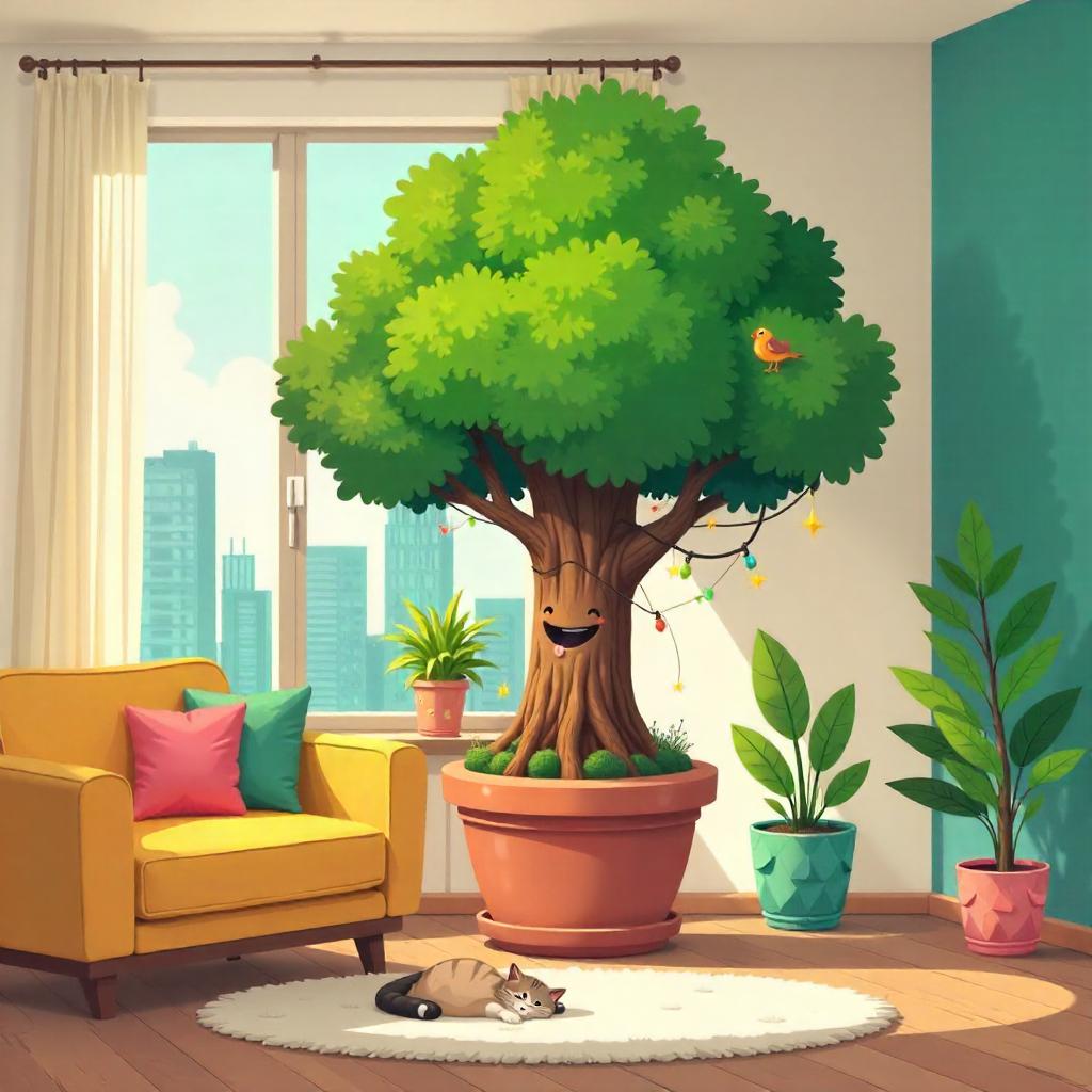 Cartoon Tree in a Cozy Apartment Living Room