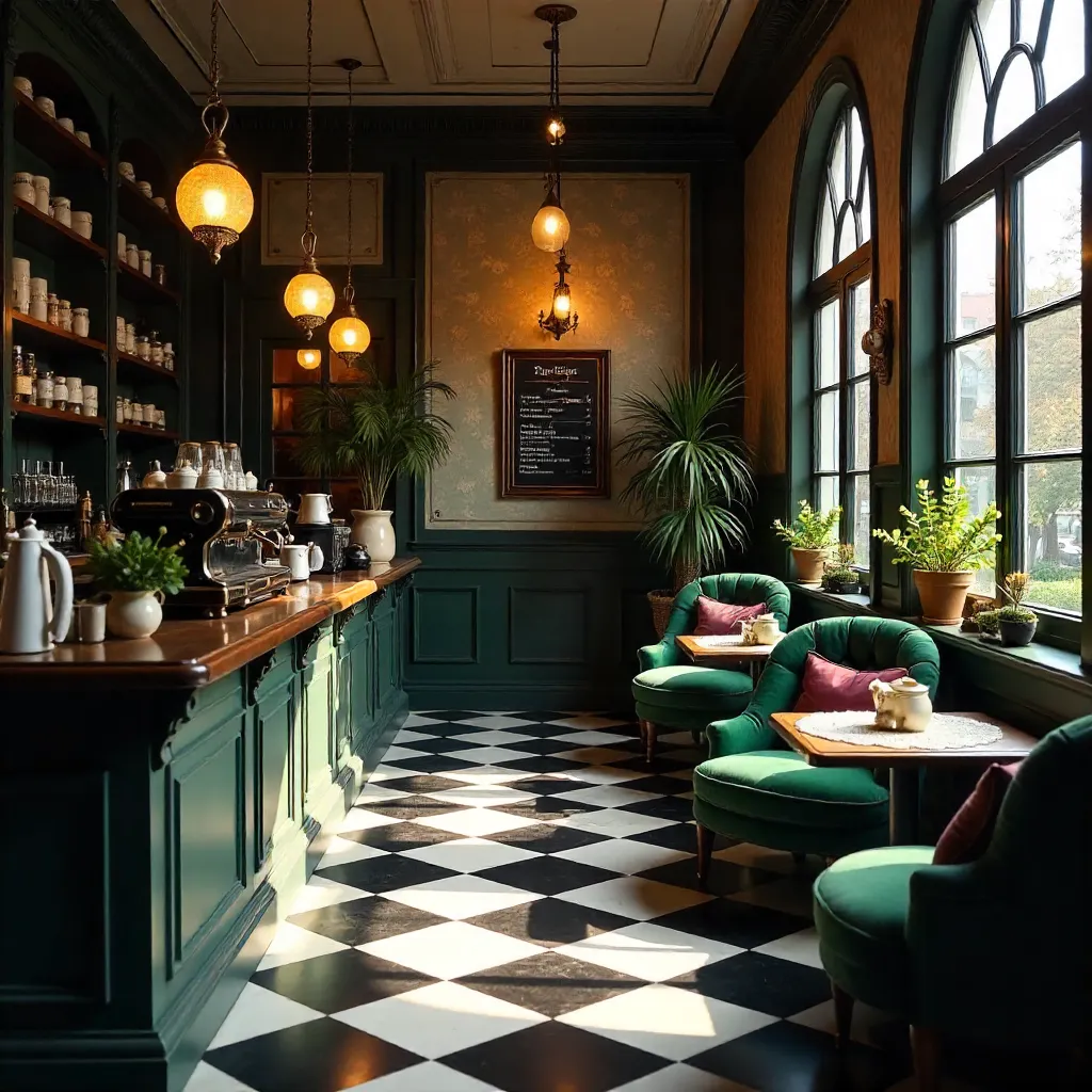 Cozy Vintage Café with Checkered Floor and Arched Windows