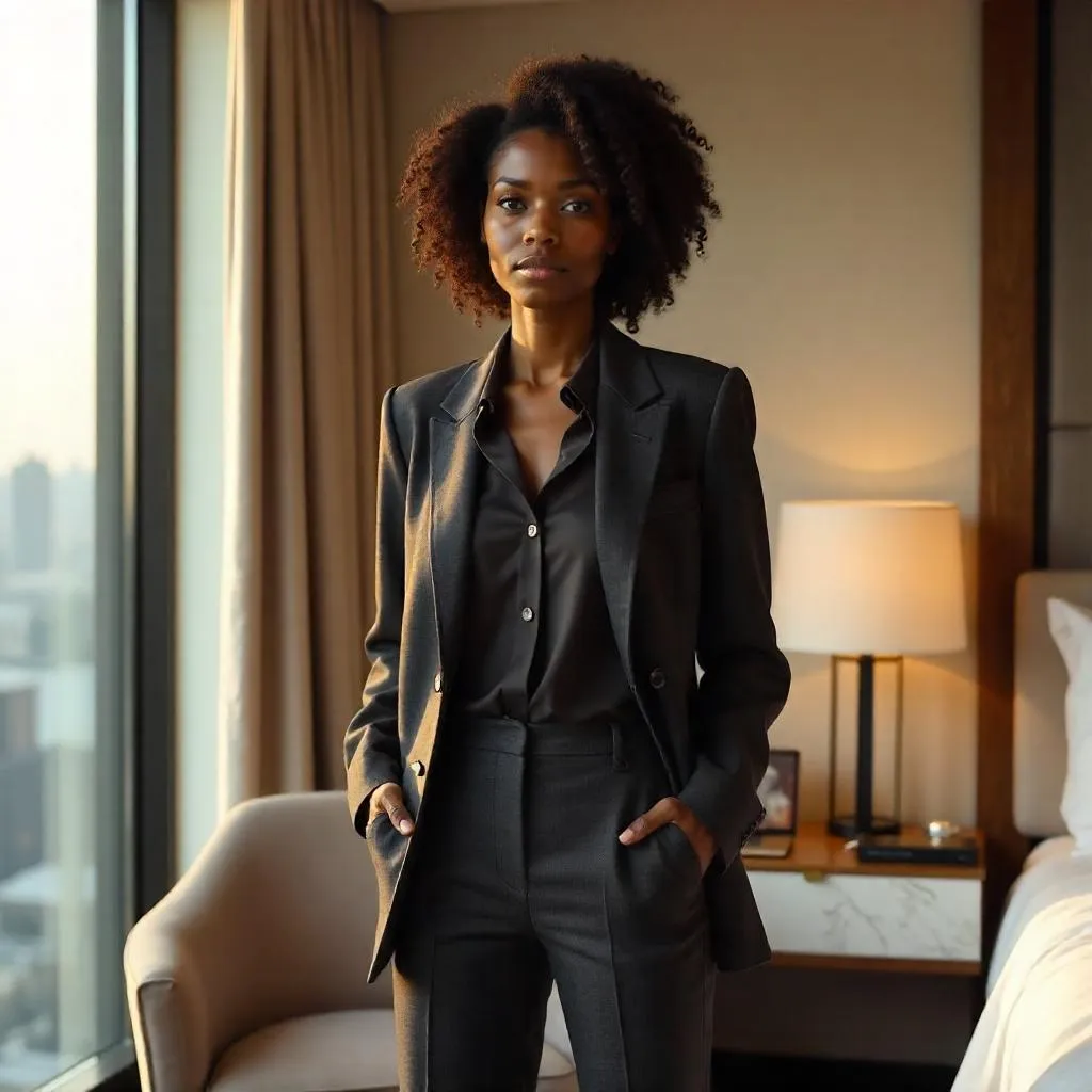 Confident Black Woman in a Modern Hotel Room