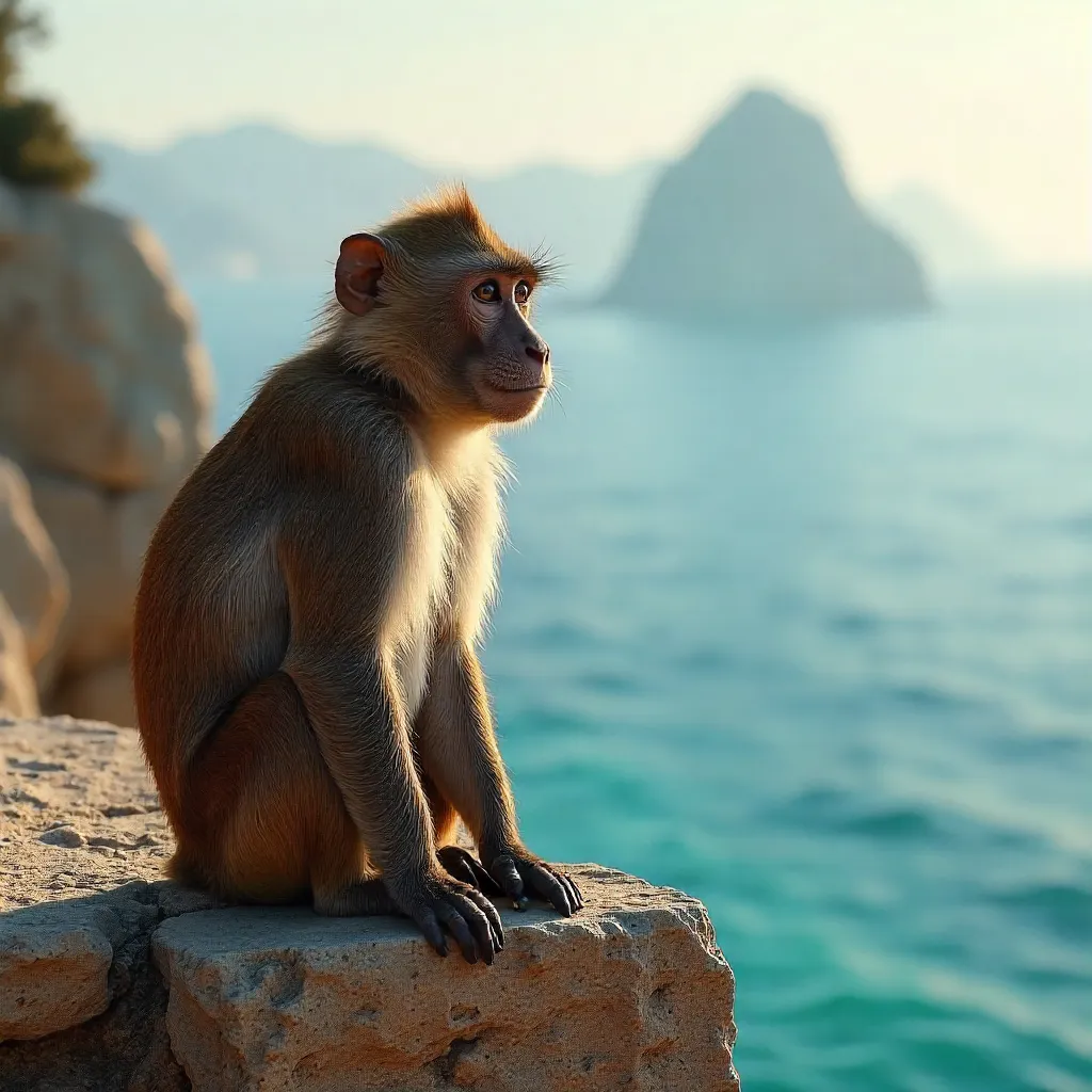 Barbary macaque on a stone wall overlooking Gibraltar Bay