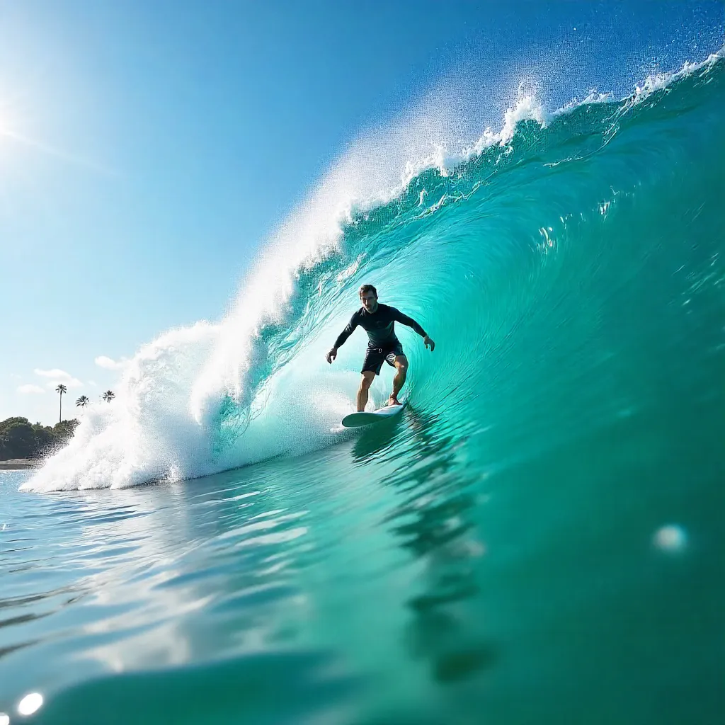 Surfer on a Turquoise Wave Under Bright Sky