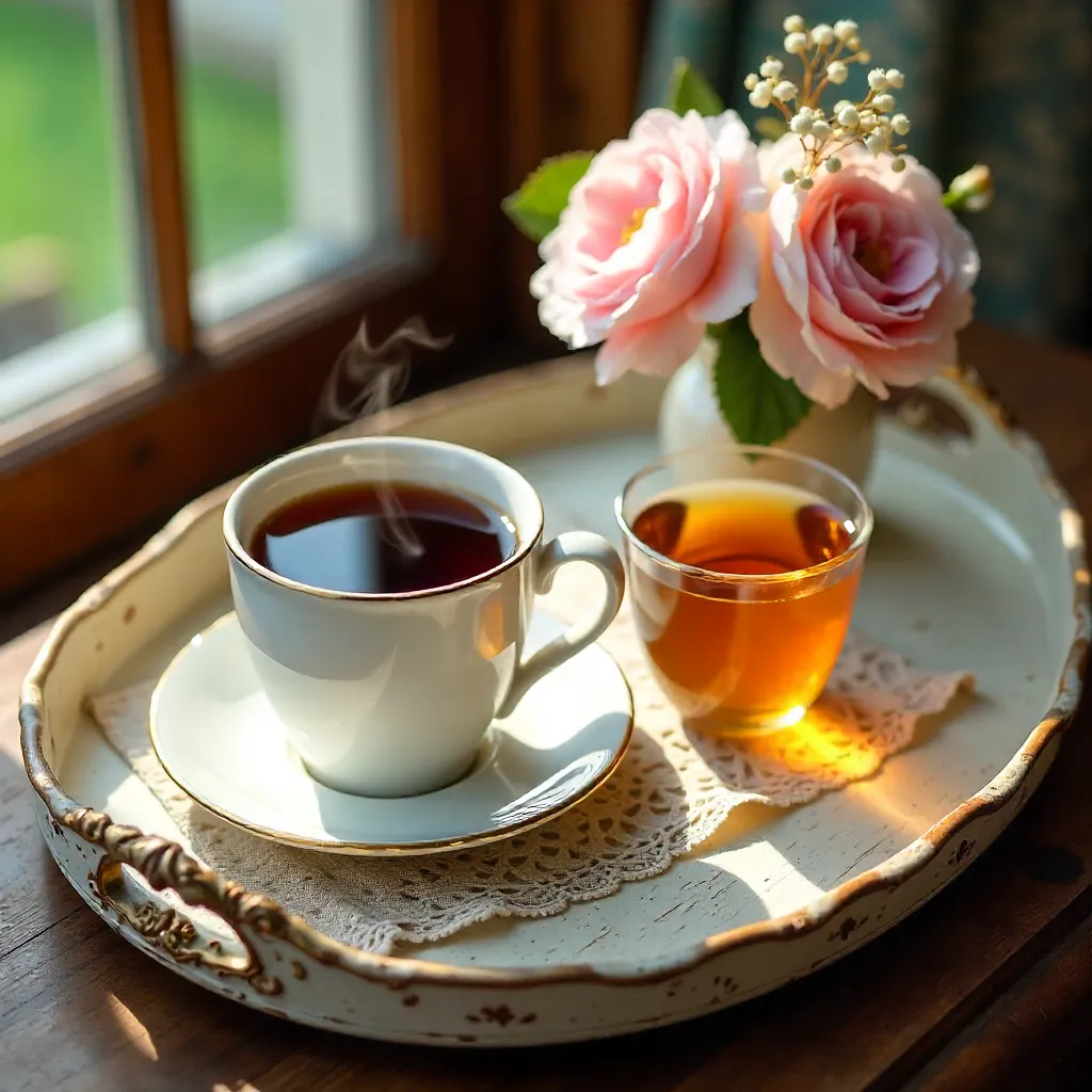 Top-Down Cozy Coffee, Tea, and Flowers on a Vintage Tray