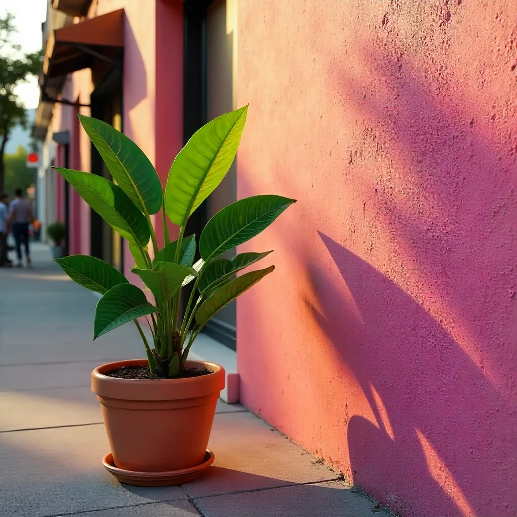 Potted Green Plant Against a Vibrant Pink Wall, Street View