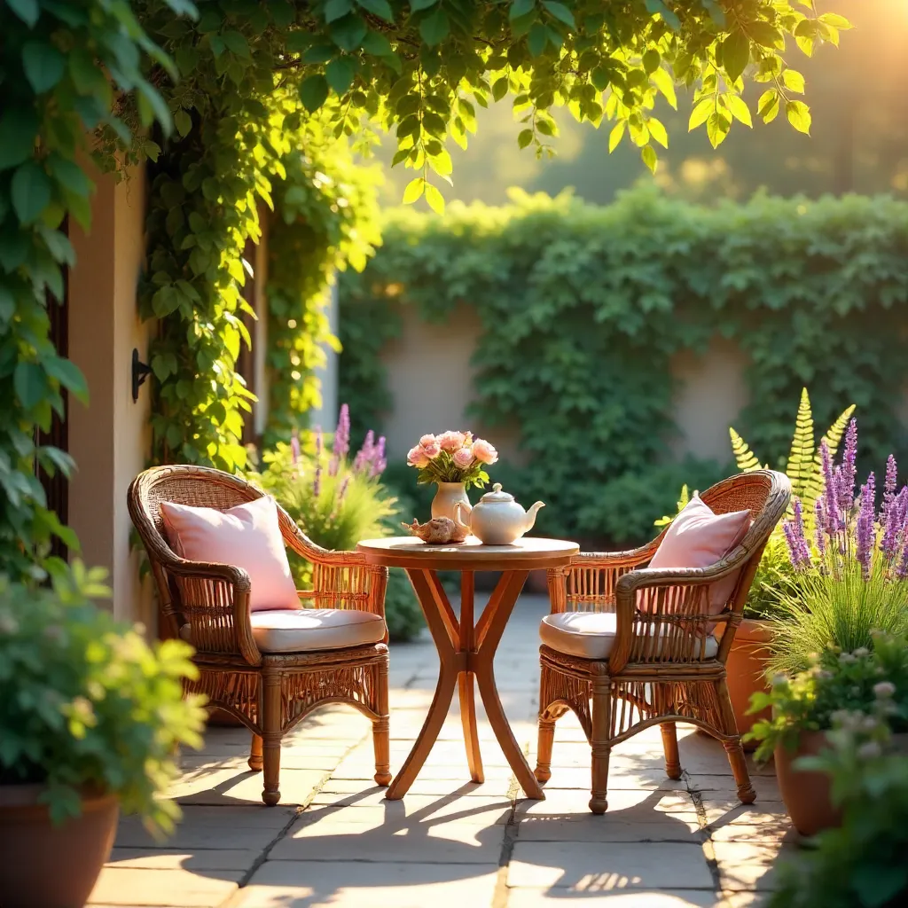 Golden Hour Patio with Table and Plants
