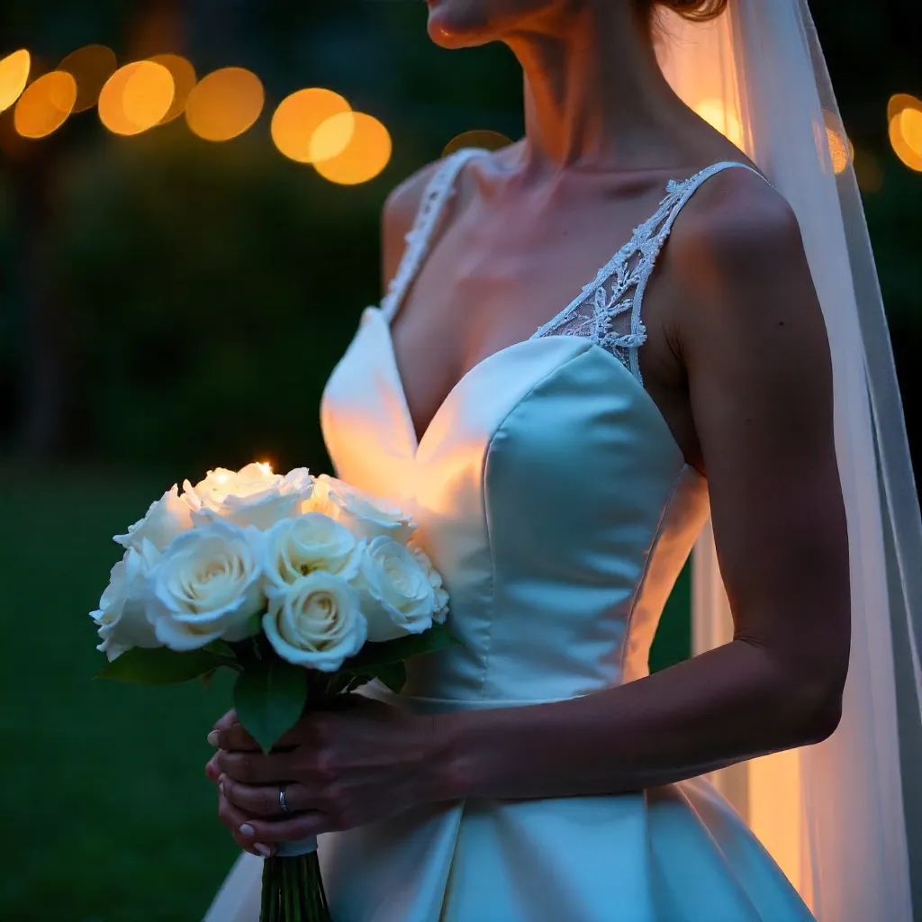 Nighttime Bride in Satin: Close-Up with White Bouquet