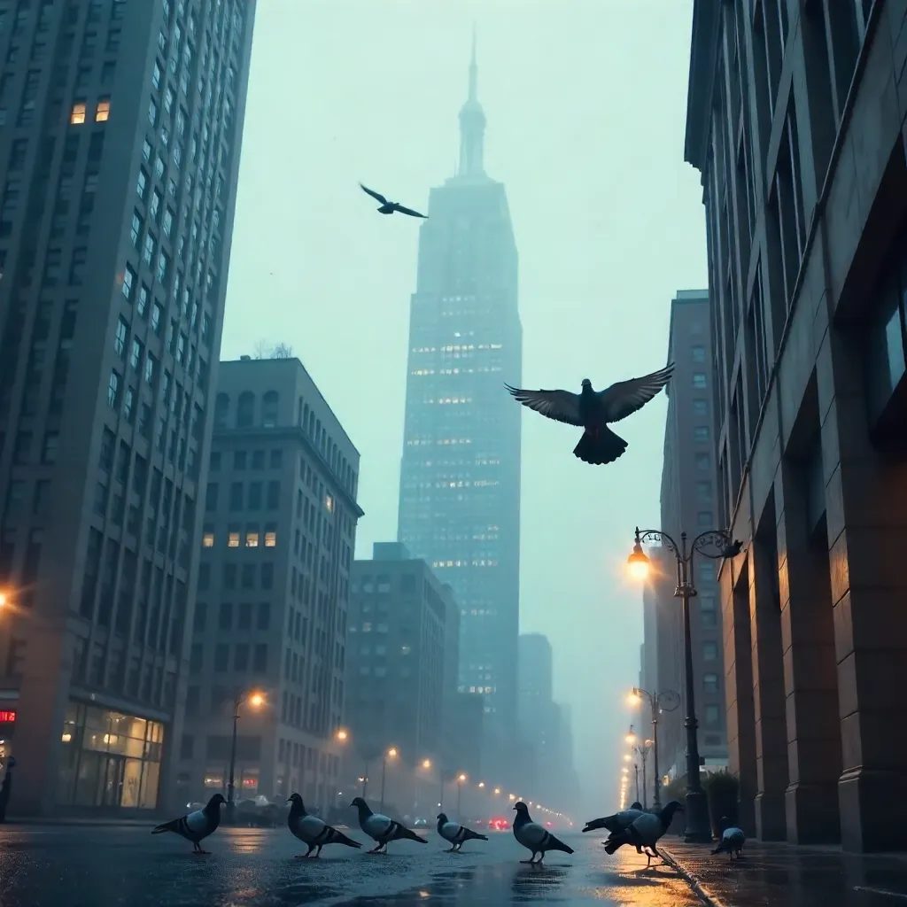Pigeons Over Foggy Skyscraper: Urban Serenity