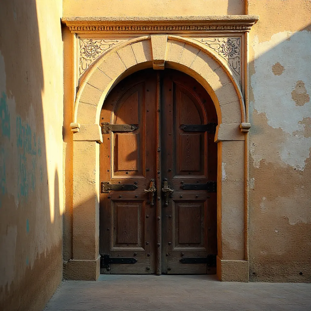 Ancient Wooden Door Under Stucco Arch in Old Dubai