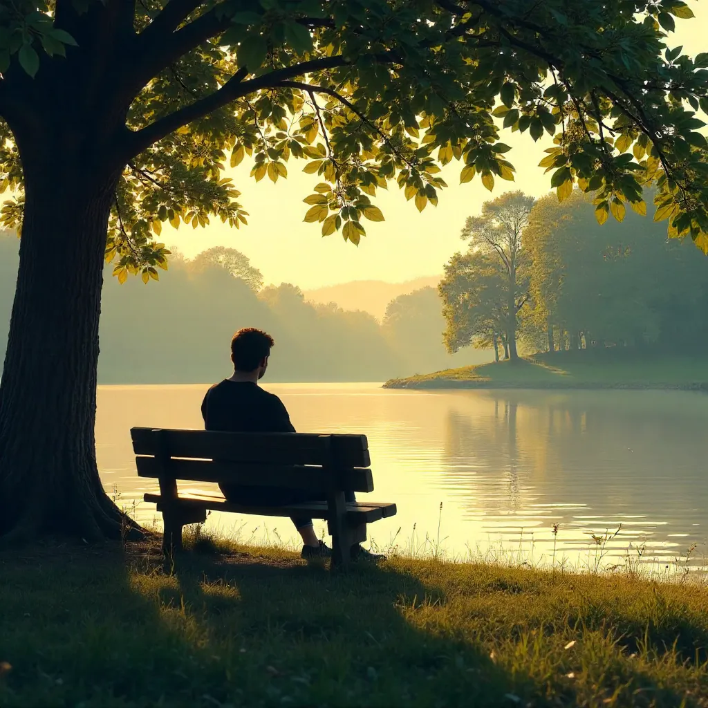 Silhouette on a Lakeside Bench Beneath Quiet Trees