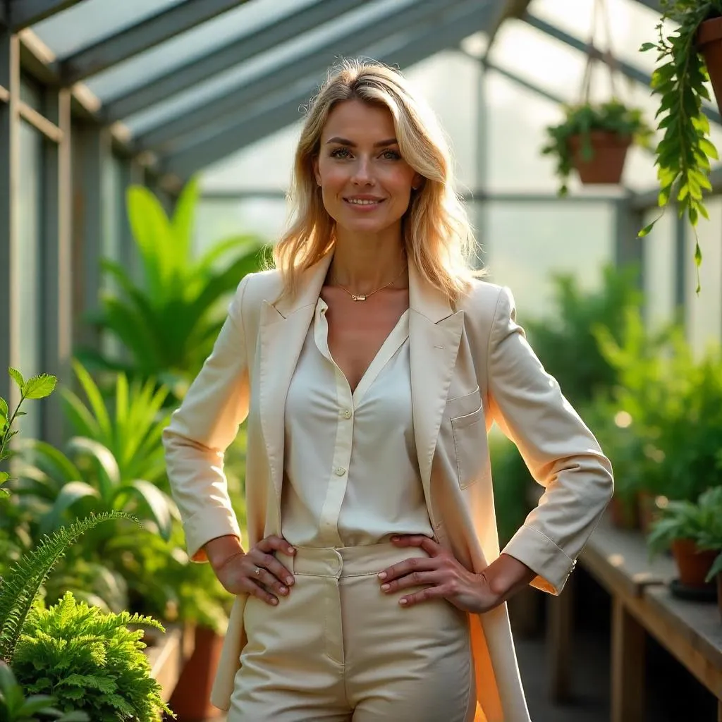 Confident White Woman in a Lush Greenhouse