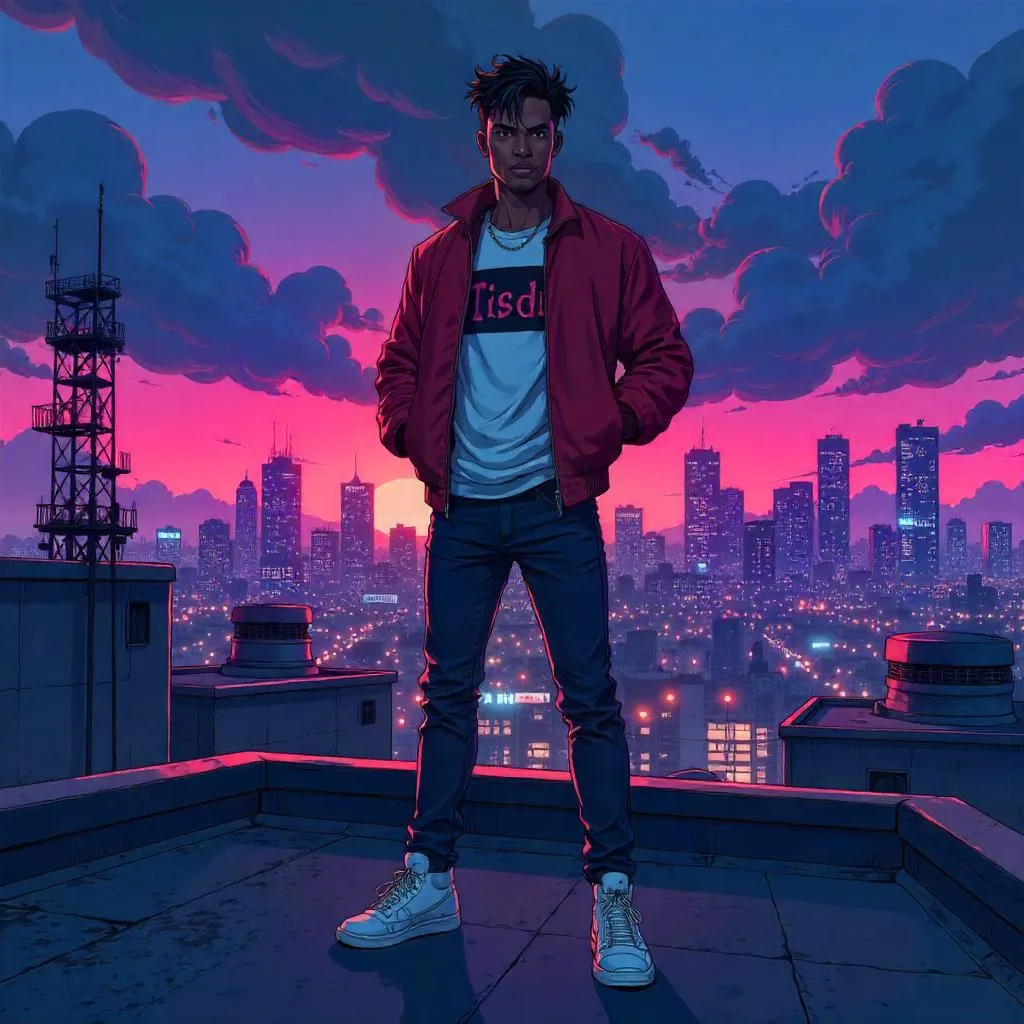 Confident Black Man on Rooftop - Anime Style