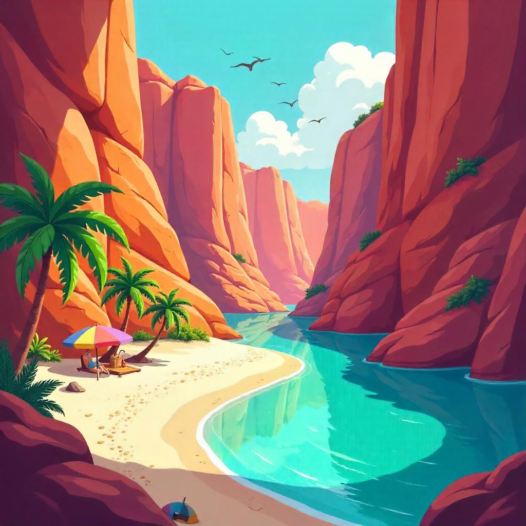 Sunny Cartoon Beach Inside a Canyon