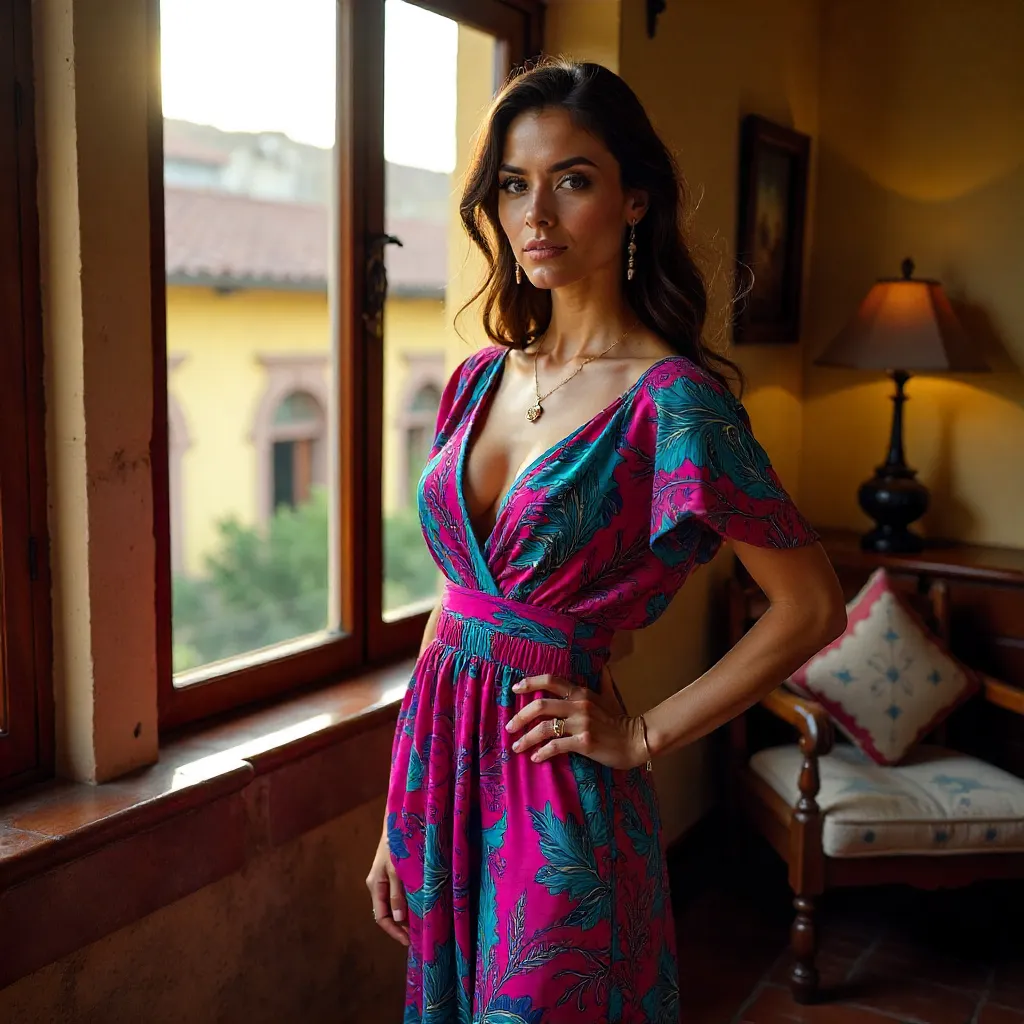 Stylish Woman in a Vibrant Dress in Cuenca Interiors