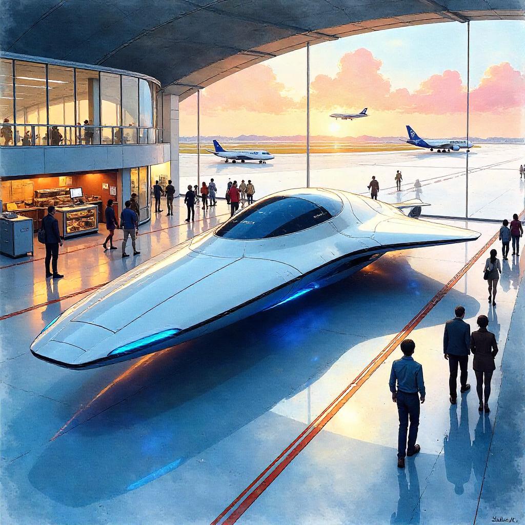 Watercolor Spaceship at a Busy Airport Terminal