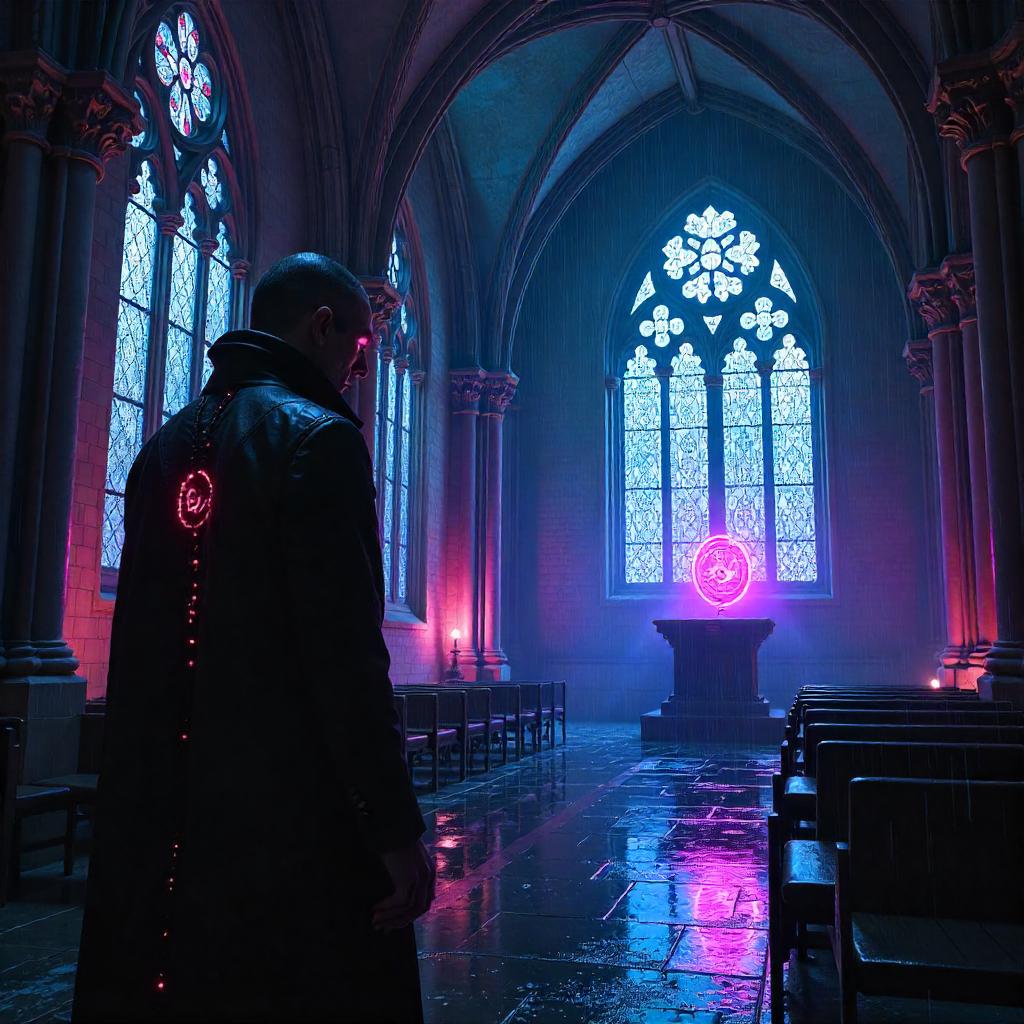 Neon Vampire in a Cyberpunk Chapel