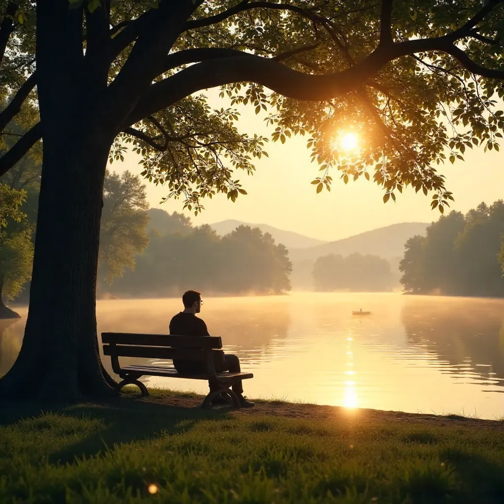 Silhouette on a Lakeside Bench Under Trees