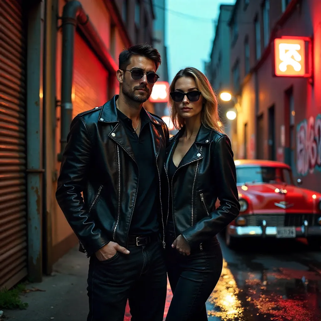 Urban Leather Lovers under Neon Industrial Lights