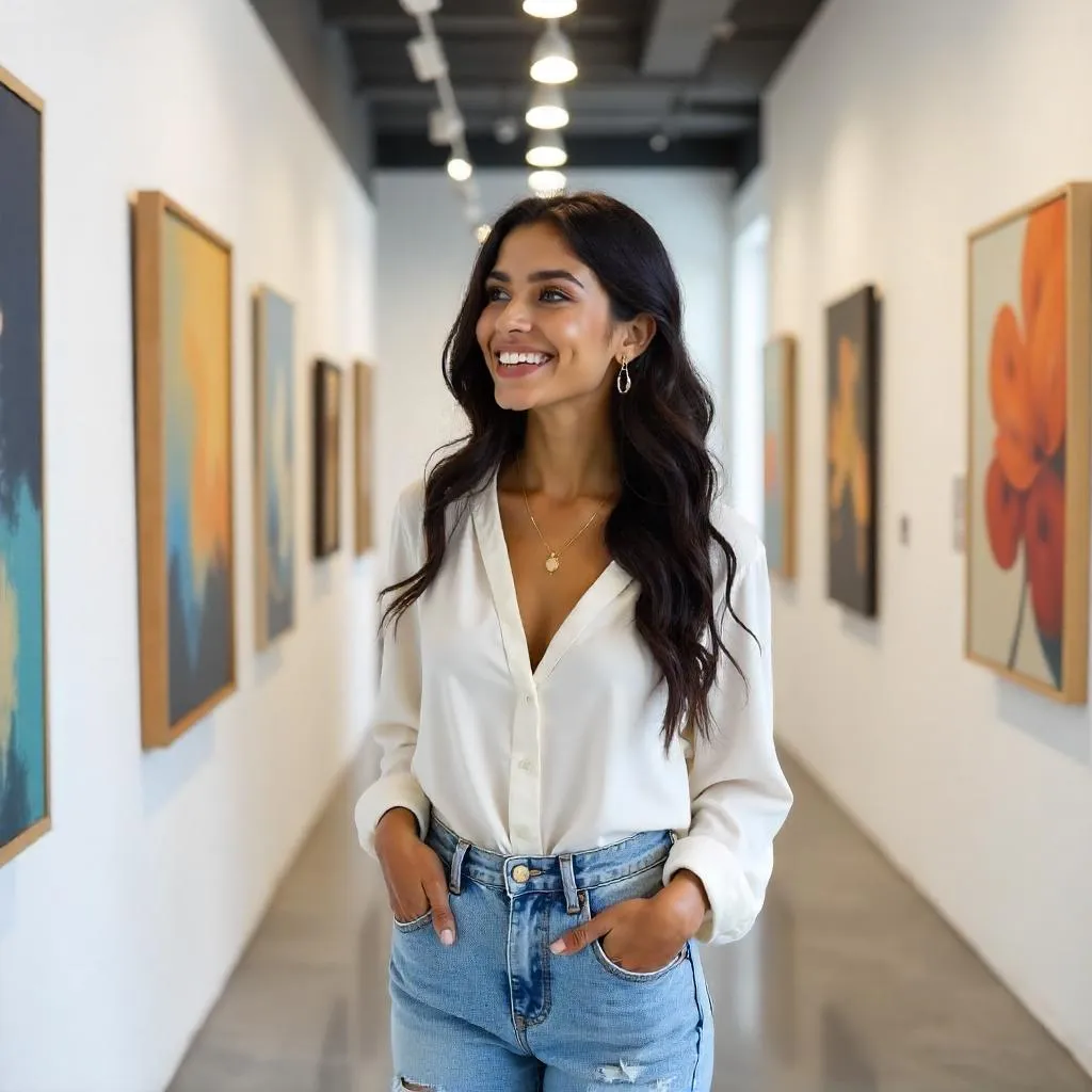 Cheerful Latina in a Photorealistic Art Gallery
