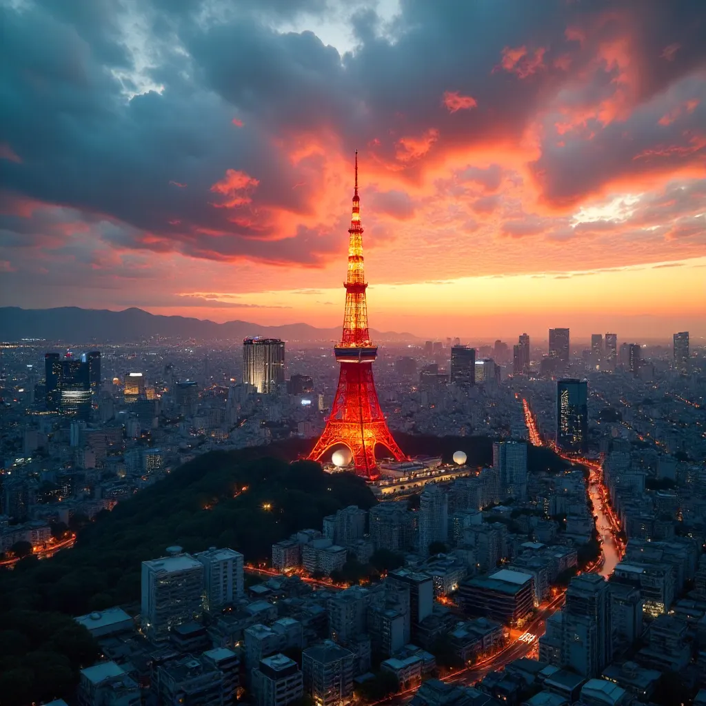 Aerial Sunset Over Tokyo Tower and Cityscape