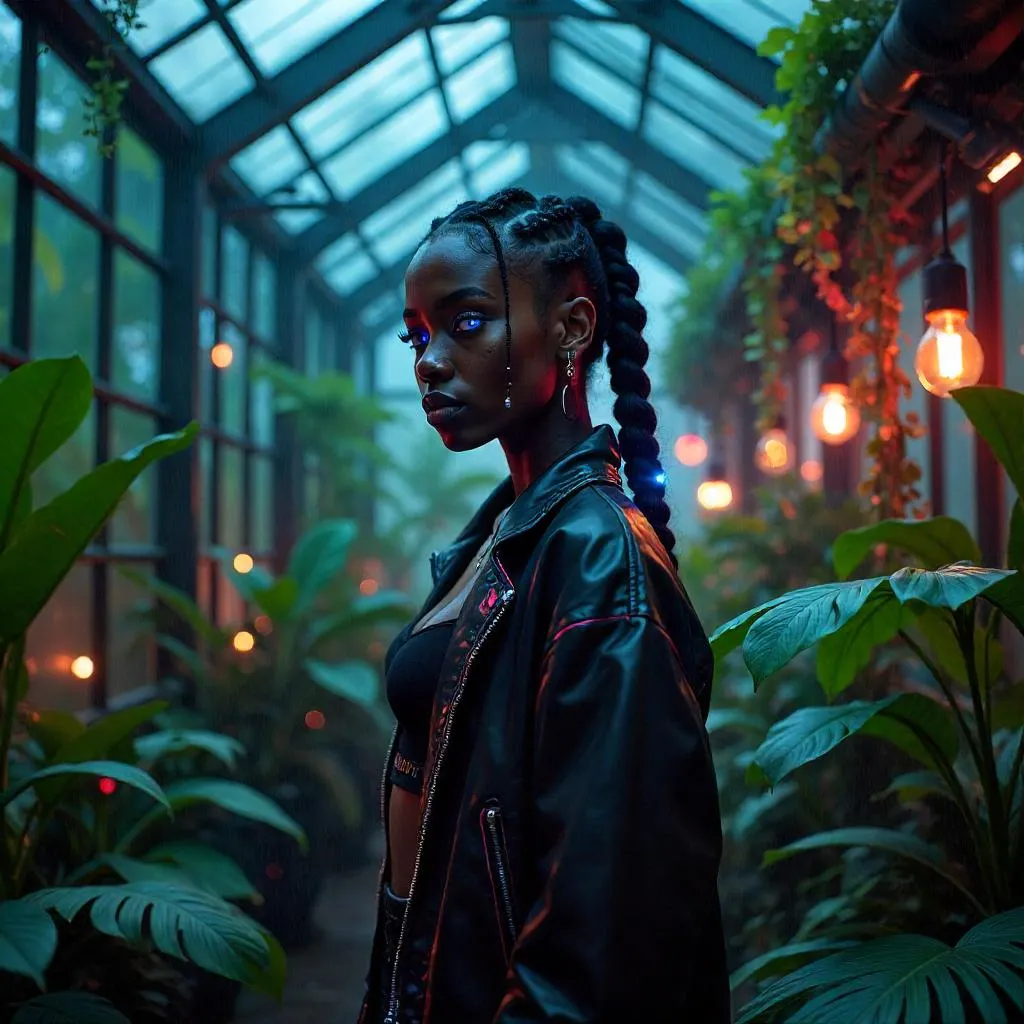 Cyberpunk Greenhouse Portrait of a Beautiful Black Girl