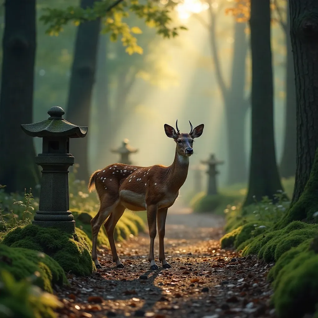 Sika Deer on a Mossy Forest Path with Stone Lanterns
