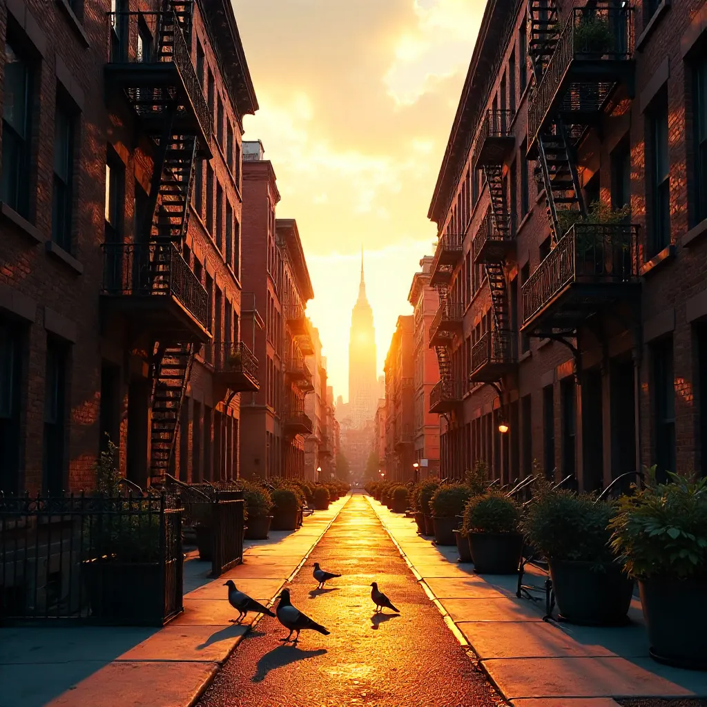 Sunset over Elegant NYC Brick Buildings with Fire Escapes