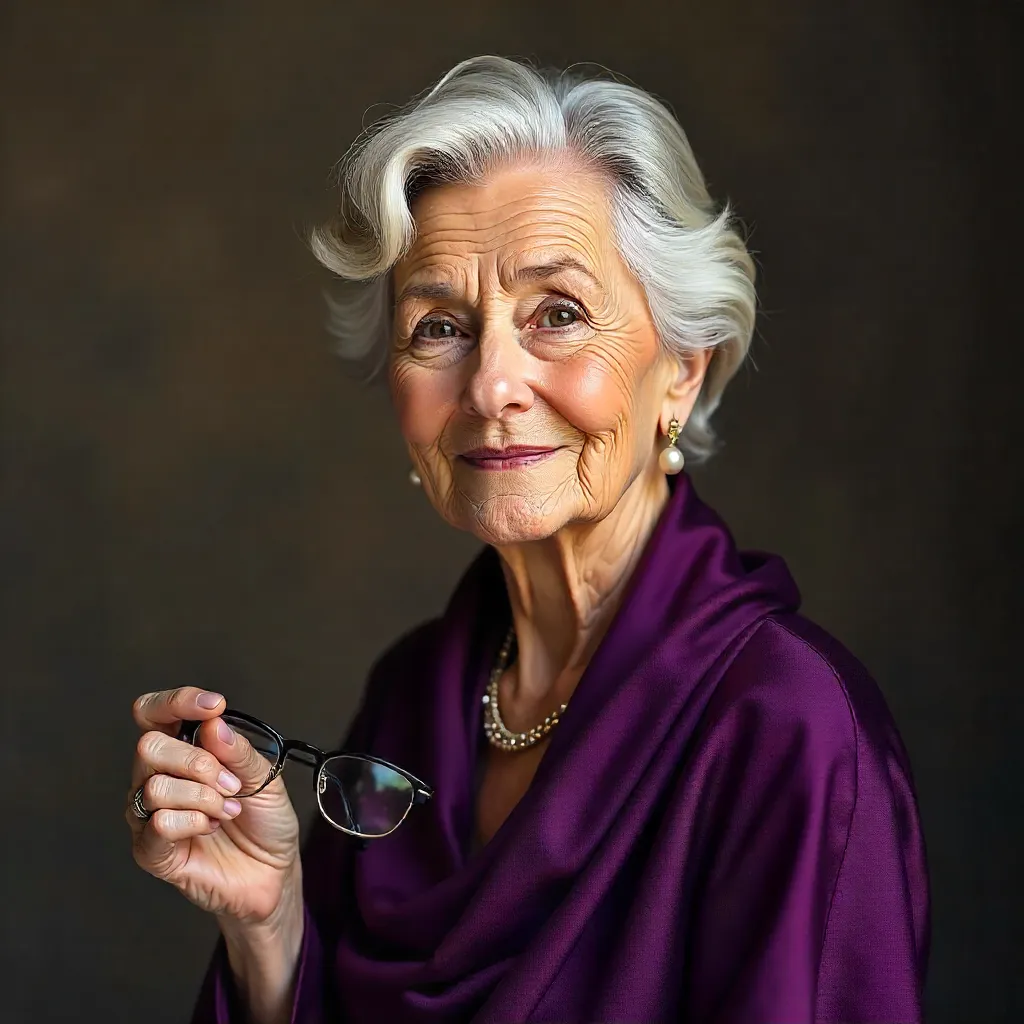 Elegance in Purple: Elderly Woman with Glasses