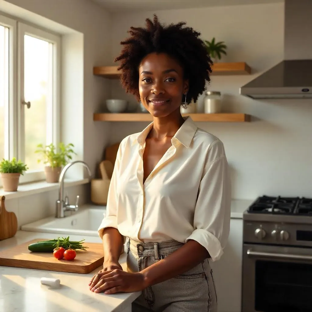 Photorealistic Black Woman in a Modern Kitchen